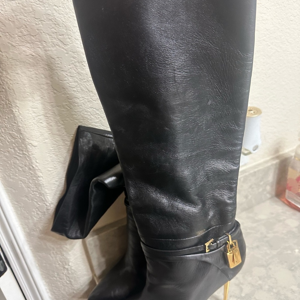 Padlock Pointed Toe Knee High Boot (Women) - Picture 7 of 12